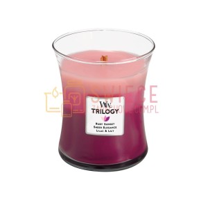 WOODWICK Hidden Garden (Rubby Sunset • Sheer Elegance • Lilac & Lily) Średnia Świeca